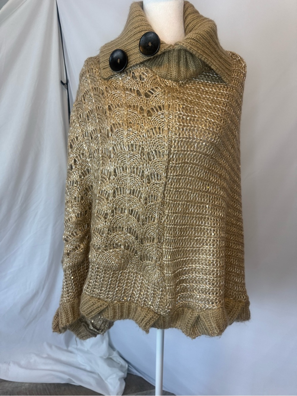 Cozy Metallic Knit Shawl Collar Sweater - Gold, Asymmetric, Large Button Collar